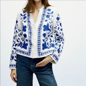 Zara Embroidered Linen Blend Overshirt Blue and White Blogger Favourite